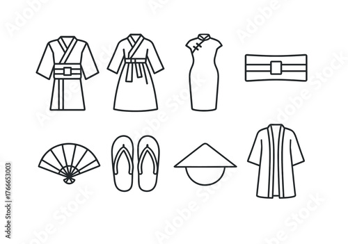 Traditional asian clothing icons: kimono, cheongsam, sandals, fan, and hat