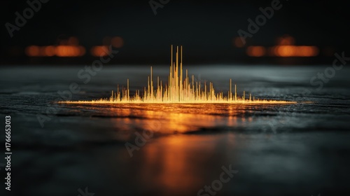 Professional microphone with yellow voice waveform on dark background, sound studio recording