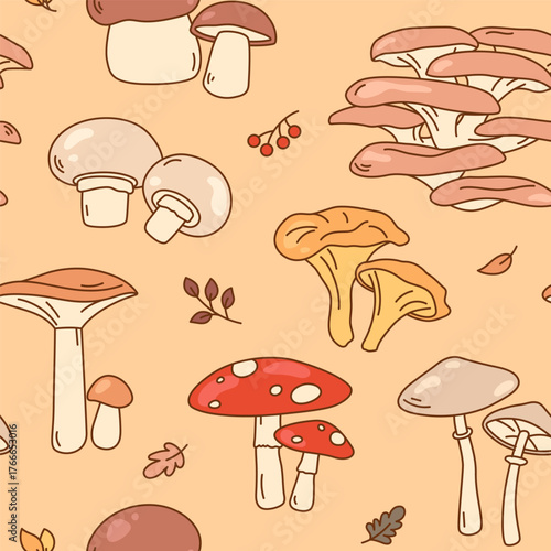Cartoon style mashroom drawings seamless pattern, background