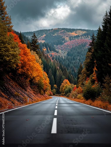 Winding mountain road through colorful autumn forest — moody travel and adventure concept capturing fall foliage, misty hills, and the spirit of exploration.