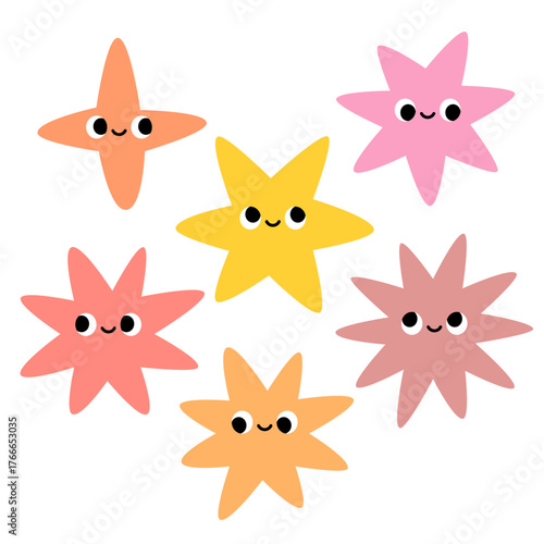 Simple cute kawaii star shapes, characters