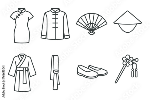 Traditional asian clothing and accessories icons on gradient background