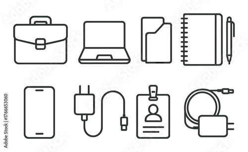 Office essentials: laptop, briefcase, smartphone, and more for work organization