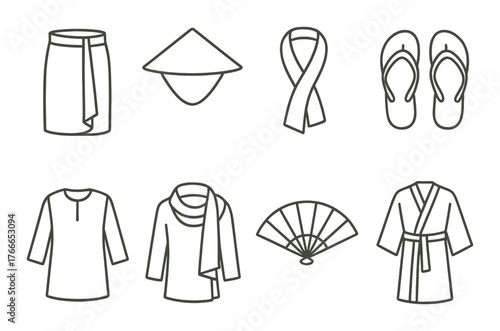 Traditional asian clothing icons featuring fan, scarf, robe, hat, sarong
