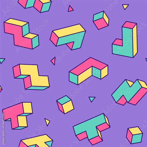 Tetris 3d volumetric geometric drawings, vintage, retro style seamless pattern, background