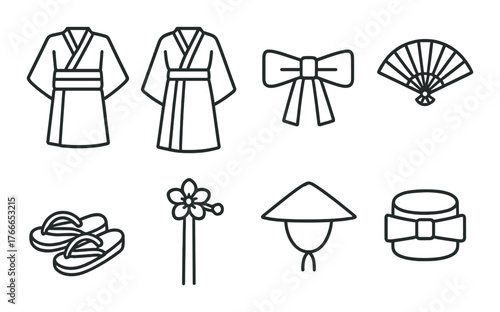 Traditional japanese clothing icons: kimono, obi, fan, sandals