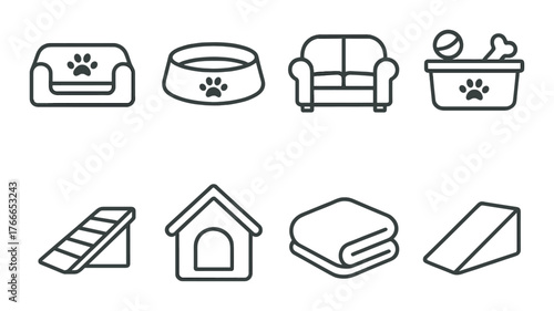 Monochrome pet accessories icons set with toys, bed, and house representations