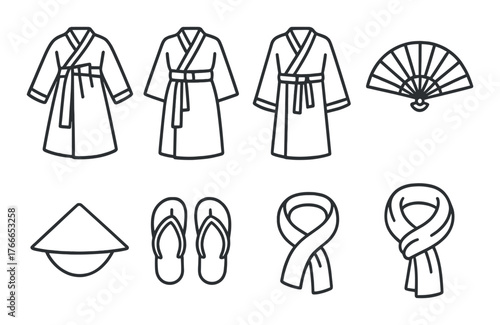 Traditional asian clothing icons including robes sandals and accessories