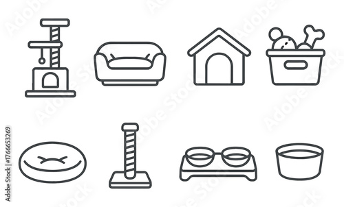 Pet accessories set: cat tree, couch, kennel, toy basket, bed, scratching post, food bowls, water bowl