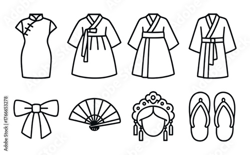Traditional asian clothing icons set with dress, kimono, and accessories