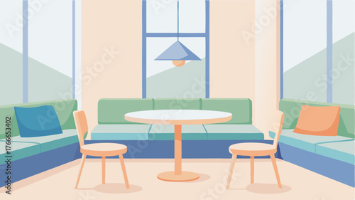 An inviting corner filled with light wood tables soft cushions in pastel colors and a large window allowing natural light to pour in.