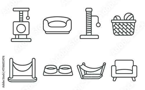 Set of cat furniture icons: scratching posts, beds, hammocks, and basket