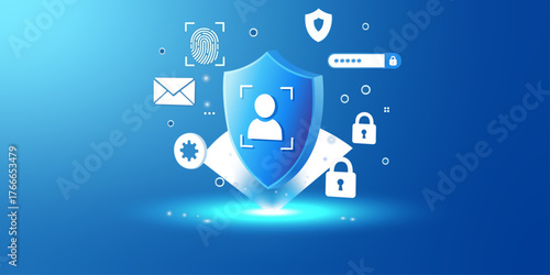 security,network,data flat vector illustration of a blue background with a shield lock and icons showing cyber network security
