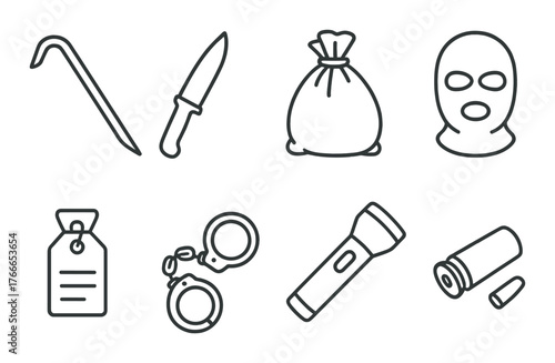 Crime tools icons: bag, mask, knife, crowbar, handcuffs, flashlight, tag, cartridge