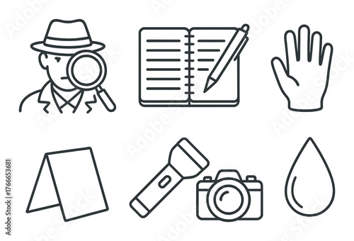 Mystery clues: detective hat, notebook, handprint, evidence tent, flashlight, camera, water droplet