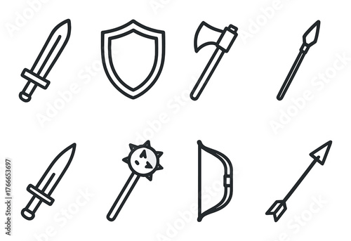 Collection of medieval weapons and shield silhouettes on dark background