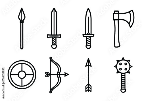Medieval weaponry icons: swords, axe, shield, bow, arrow, spear, mace - black outline on brown background