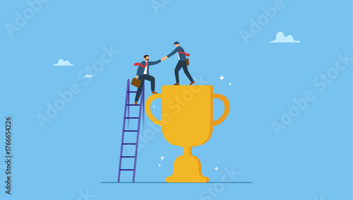 Businessman help colleagues to climb up ladder step on winning trophy. Partnership help success, support or mentor to assist to achieve goal and win together, teamwork, trust or leadership.