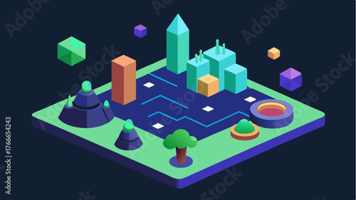 An immersive tabletop game interface that visualizes data trends as dynamic landscapes with interactive elements representing various analytics.