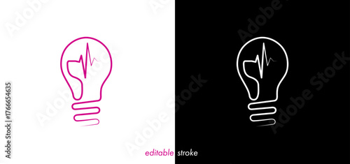 Abstract editable stroke light bulb illustration with heart rhythm, heartbeat line vector design to use for healthcare, business, healthy lifestyle, medicine and cardiogram concept illustration.