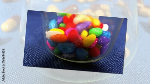 Pillole salvavita che cadono in un becher