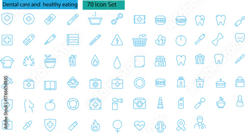 Dental Care and Healthy Eating Line Icon Set Health, Medicine, and Nutrition Outline Symbols. Vector Pictogram Collection for Web and UI Design