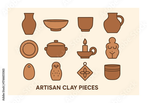 Collection of handmade clay items including vases, bowl, candle holder, and decorative figures