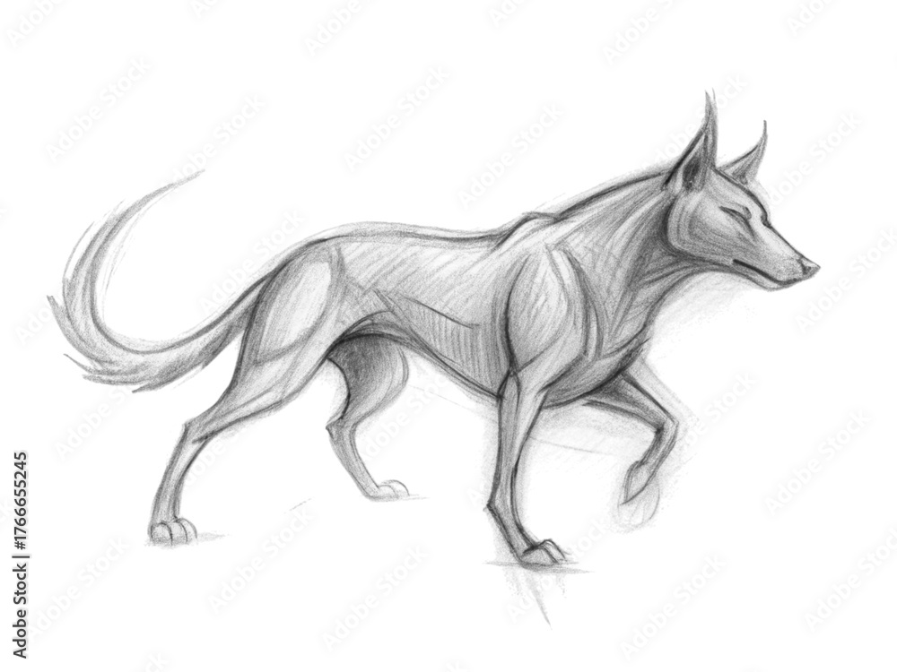 Fototapeta premium A wolf in motion, captured in a dynamic pencil sketch isolated on transparent background