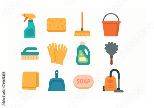 Cleaning supplies icons: vacuum, mop, sponge, bucket, soap, gloves, duster