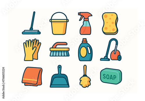 Colorful set of household cleaning tools and supplies in cartoon style