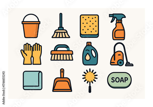 Collection of cleaning tools and equipment: bucket, broom, sponge, gloves, and soap