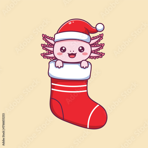 Cute Cartoon Axolotl in Christmas Stocking with Santa Hat – Vector Illustration of Whimsical Holiday Scene