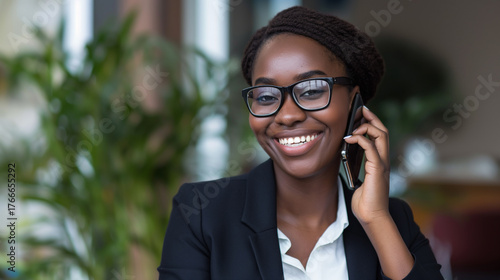 Executiva Sorridente em Chamada de Celular no Escritório