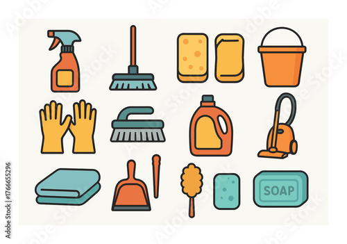 Colorful icons of cleaning supplies including soap, mop, and vacuum