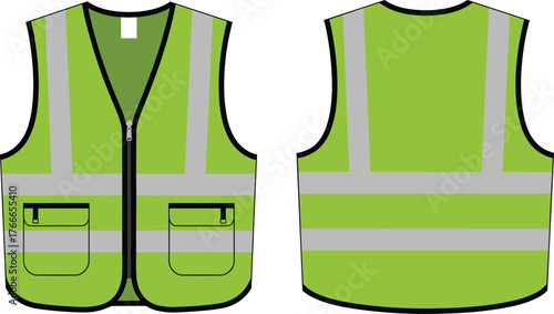 High visibility safety vest front and back view with reflective stripes, flap pockets, construction workwear, vector illustration for stock