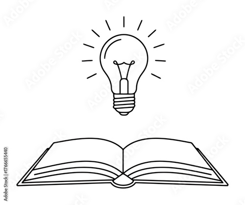 Glowing Lightbulb Above Open Book, Vector Concept for Learning, Ideas, Knowledge, Innovation