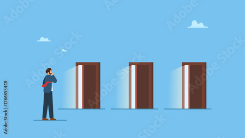 Businessman think to choose the right door. Choosing choices, make decision for career opportunity, alternative pathway, decide for new job or select important chance, right or wrong decision.