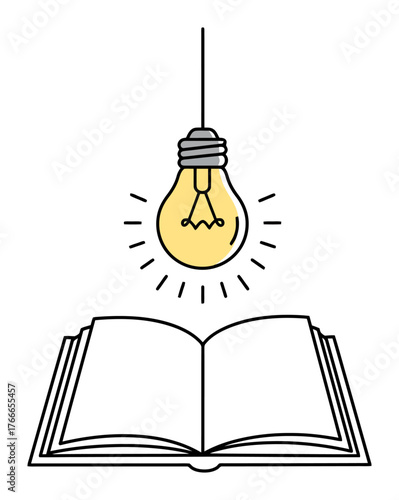 Glowing Lightbulb Above Open Book, Vector Concept for Learning, Ideas, Knowledge, Innovation
