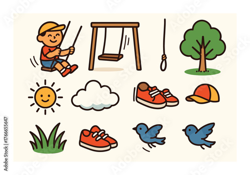Cartoon boy on swing with nature and play elements