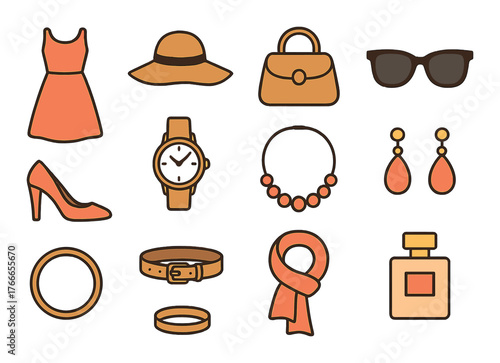 Fashion accessories collection: dress, hat, bag, shoes, jewelry, watch, scarf, perfume