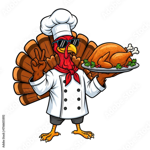 cartoon turkey bird chef wearing hat and uniform holding a platter with roasted turkey