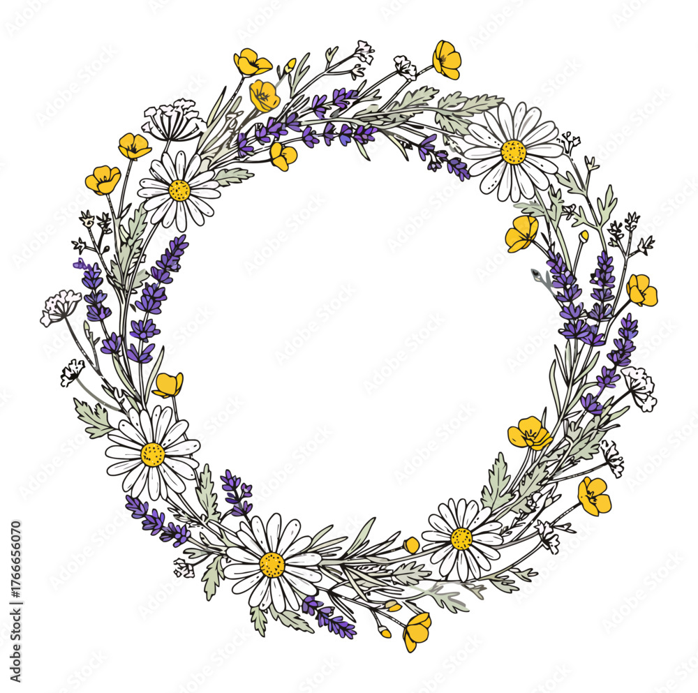 Obraz premium Minimalist Botanical Wreath Vector Art: Herbs, Wildflowers, Clean Lines