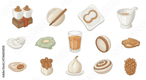 An assortment of stylized illustrated Indian desserts and dishes are displayed on a white background