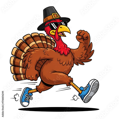 Funny running turkey cartoon character for thanksgiving design
