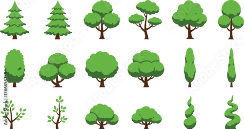 Stylized tree illustration, abstract forest design, decorative botanical art, whimsical nature drawing, cartoon foliage collection, seasonal tree icons, eco friendly landscape,
