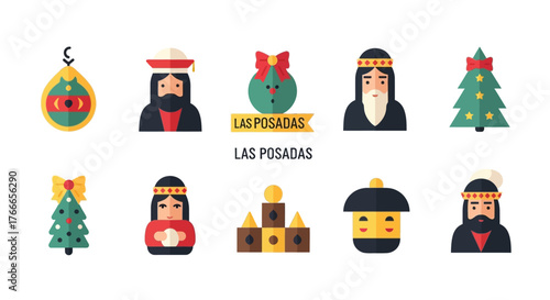 Assorted festive icons fruit Christmas trees three kings nesting doll piñata and building blocks spell out Las Posadas
