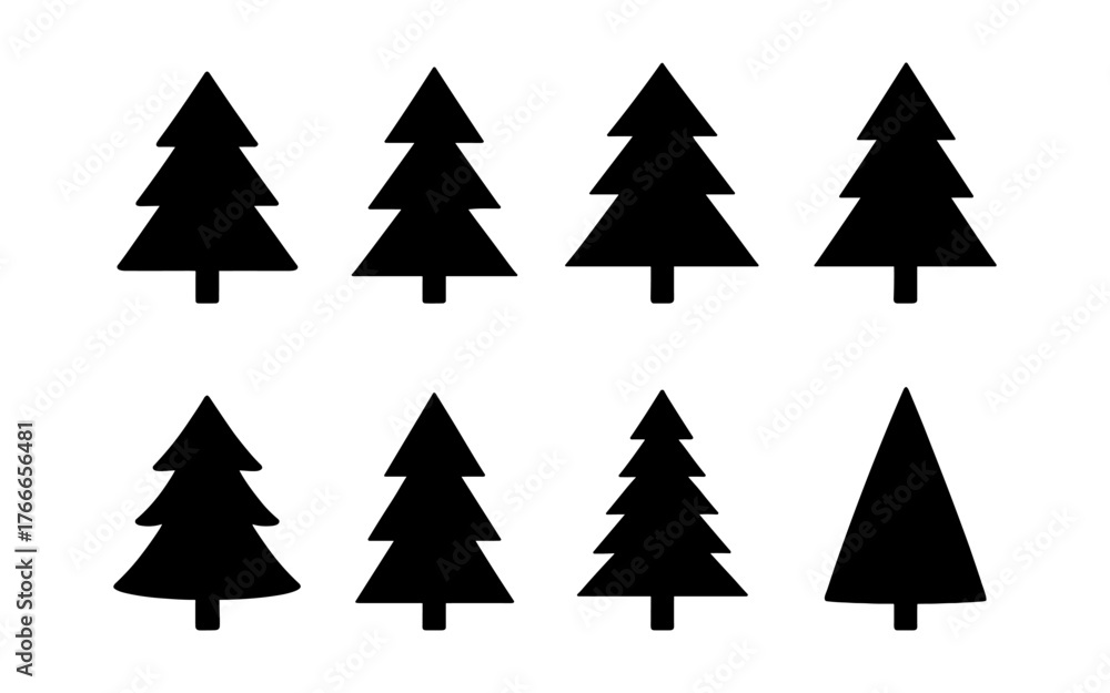 Obraz premium Set of black pine tree icons in various geometric styles. Silhouettes of fir and spruce trees isolated on white background. Winter forest concept for design and print