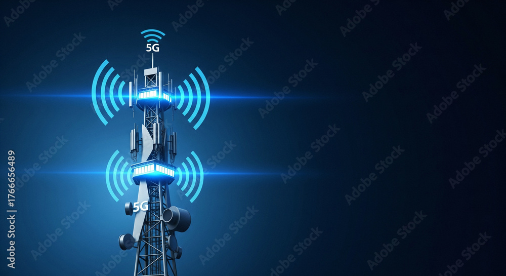 Naklejka premium 5G Telecommunication Tower Emitting Blue Signal Waves on Dark Background