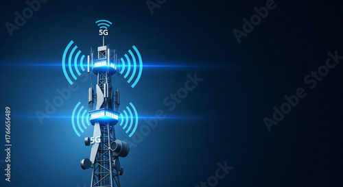 5G Telecommunication Tower Emitting Blue Signal Waves on Dark Background
