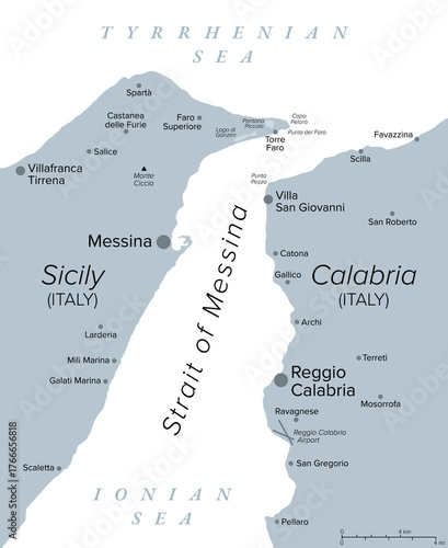 Strait of Messina, Southern Italy, gray political map. Narrow strait between eastern tip of Sicily at Punta del Faro, and western tip of Calabria at Punta Pezzo, connecting Tyrrhenian with Ionian Sea.